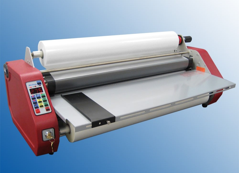 Hot roll laminator applying a protective film to printed materials, enhancing durability and visual appeal for business use.