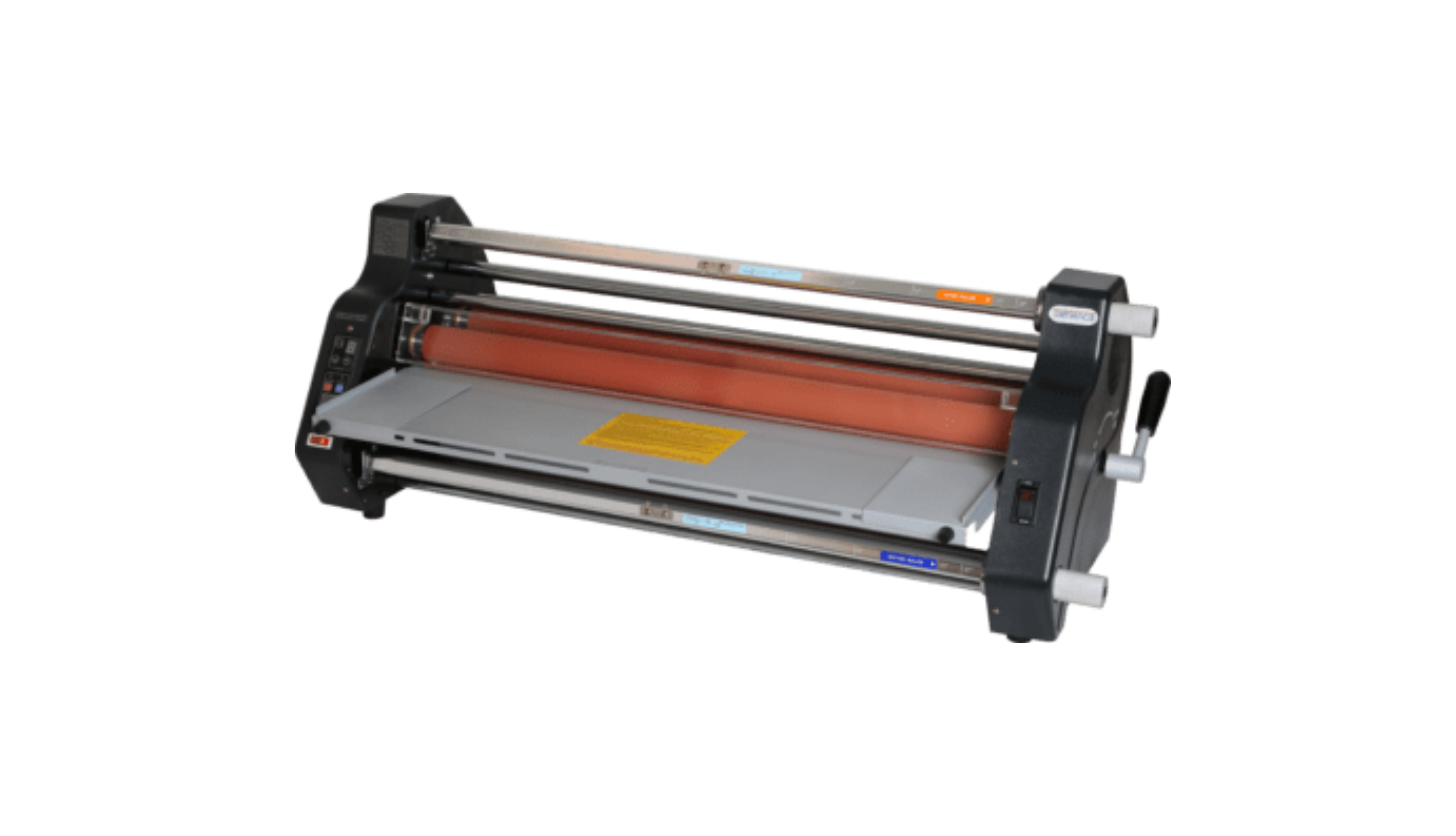 A laminating machine with rollers and a manual handle, used for applying protective film to documents or materials.