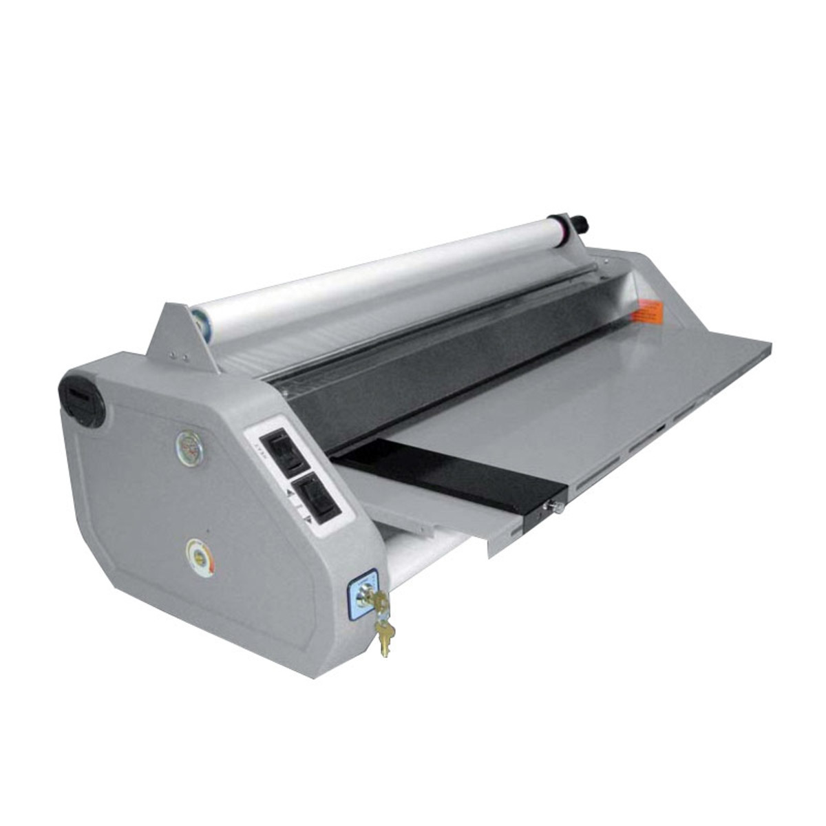 A professional roll laminating machine with a metallic gray body and a control panel on the side. The device features a large roll of laminating film on top and an extended flat surface for feeding documents. It is designed for high-capacity lamination in offices or print shops.